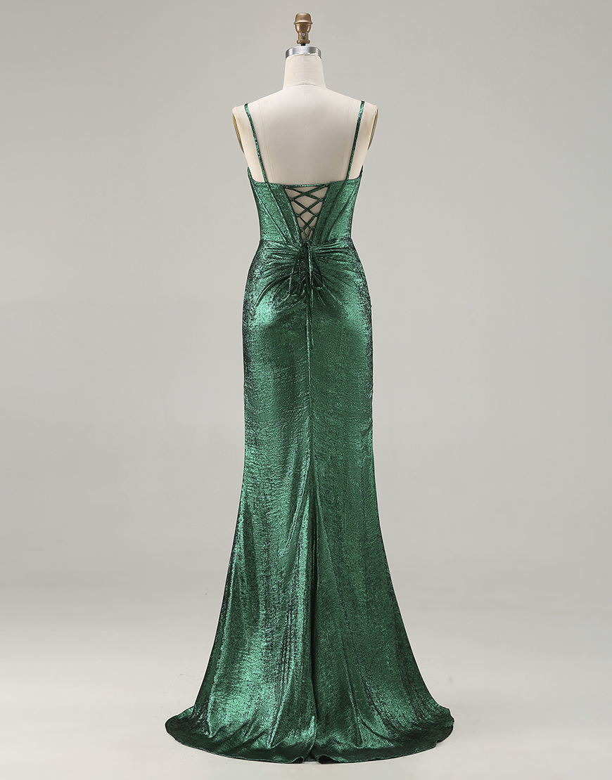 Sparkly Dark Green Corset Beaded Ruched Long Mermaid Prom Dress with Slit