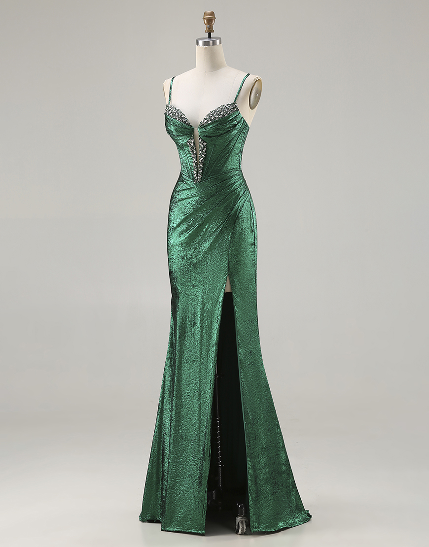 Sparkly Dark Green Corset Beaded Ruched Long Mermaid Prom Dress with Slit