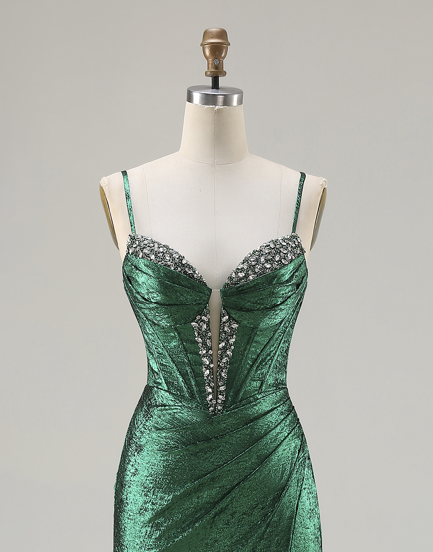 Sparkly Dark Green Corset Beaded Ruched Long Mermaid Prom Dress with Slit