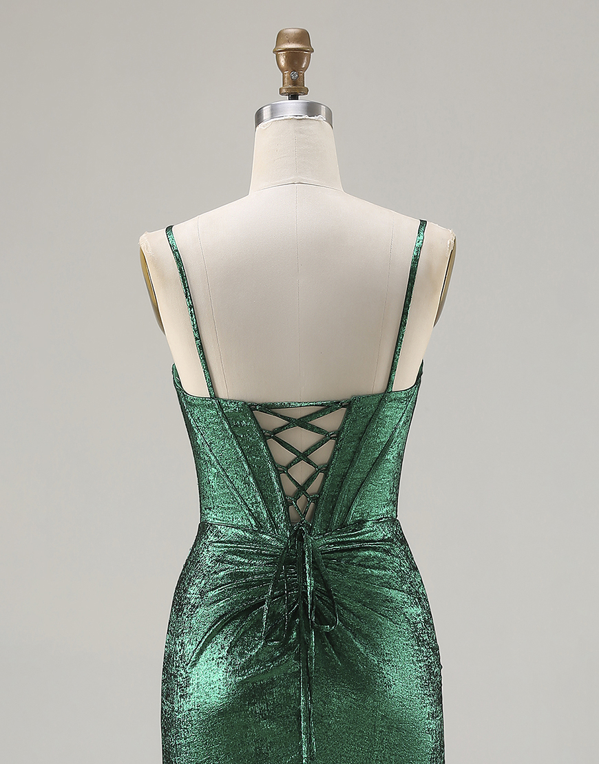 Sparkly Dark Green Corset Beaded Ruched Long Mermaid Prom Dress with Slit