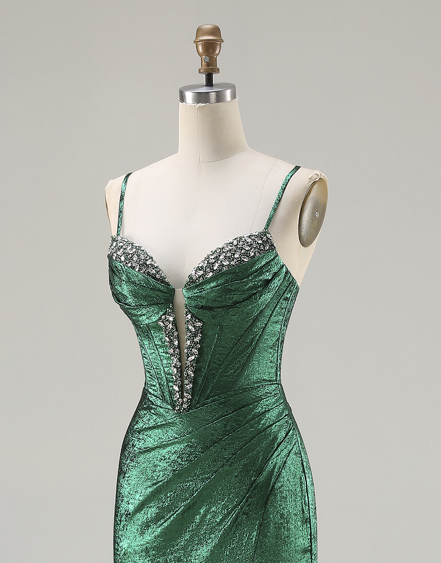 Sparkly Dark Green Corset Beaded Ruched Long Mermaid Prom Dress with Slit