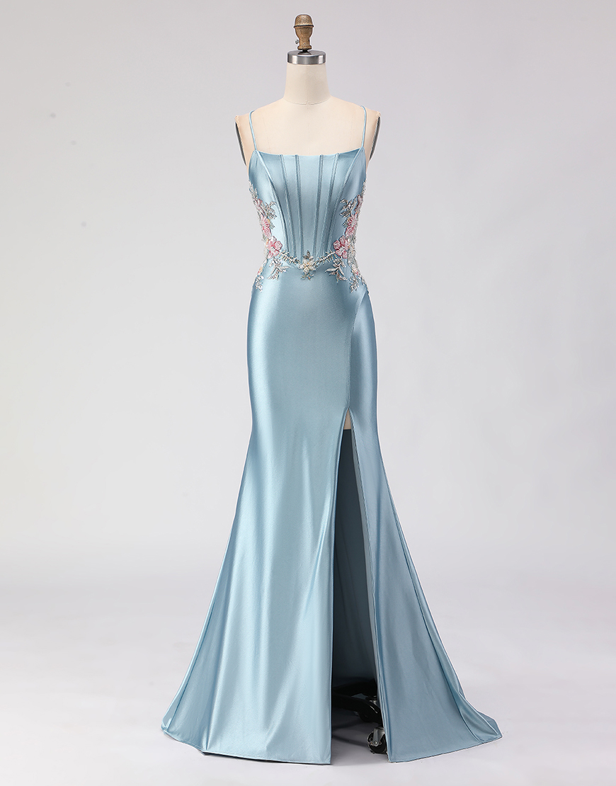 Grey Blue Corset Spaghetti Straps Floral Mermaid Long Prom Dress with Slit