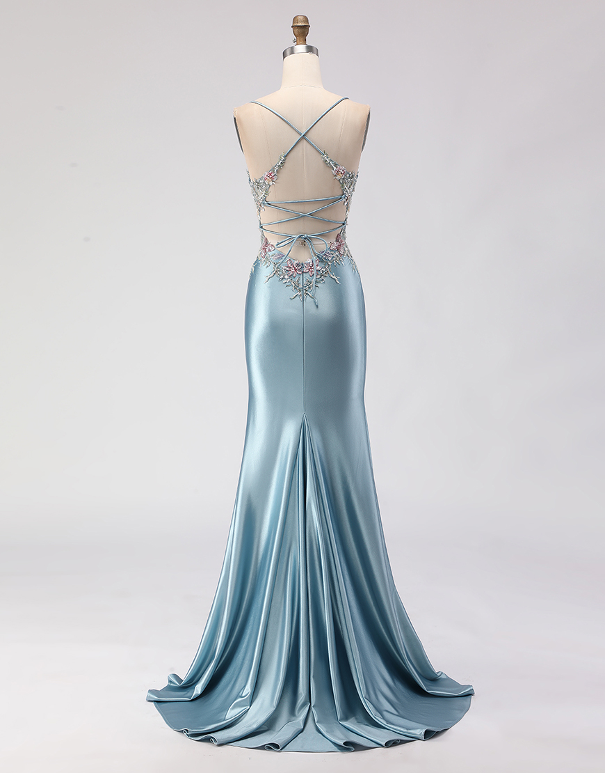 Grey Blue Corset Spaghetti Straps Floral Mermaid Long Prom Dress with Slit