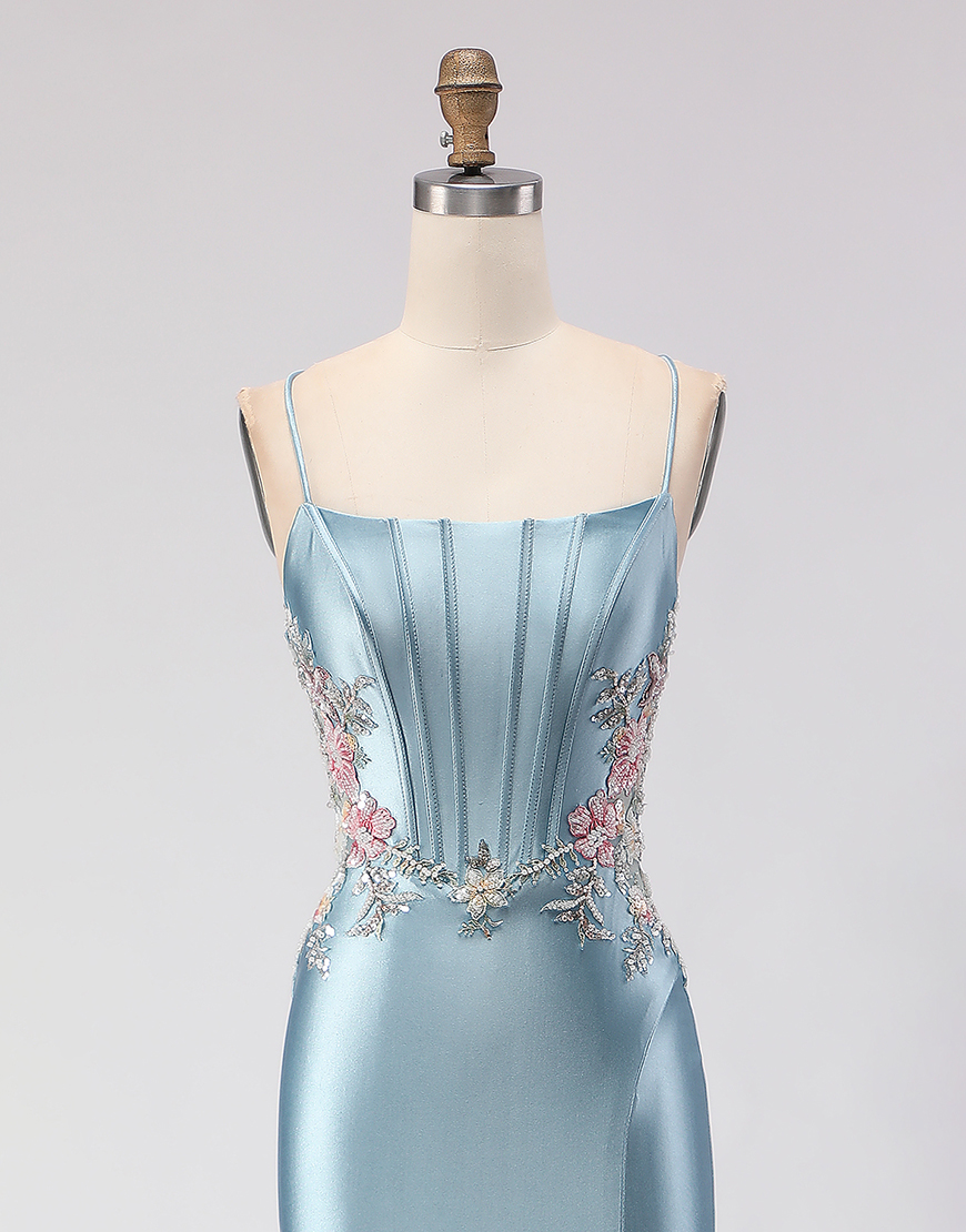 Grey Blue Corset Spaghetti Straps Floral Mermaid Long Prom Dress with Slit
