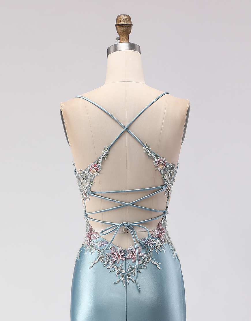 Grey Blue Corset Spaghetti Straps Floral Mermaid Long Prom Dress with Slit