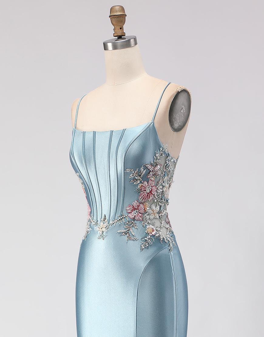 Grey Blue Corset Spaghetti Straps Floral Mermaid Long Prom Dress with Slit