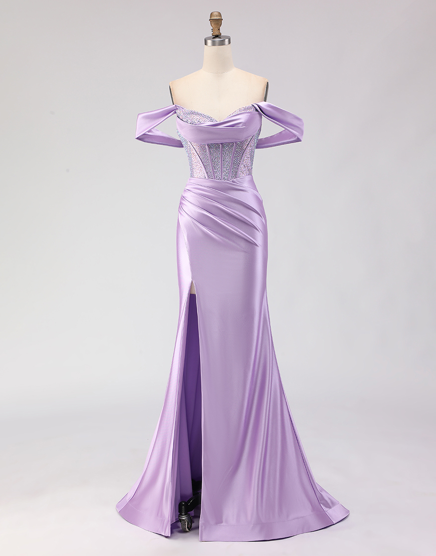 Sparkly Purple Beaded Corset Off the Shoulder Long Prom Dress with Slit