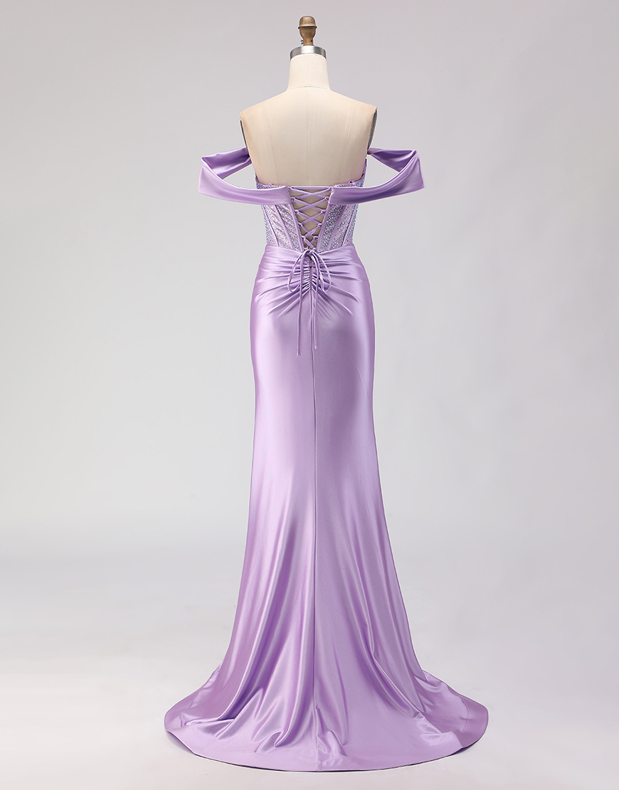 Sparkly Purple Beaded Corset Off the Shoulder Long Prom Dress with Slit