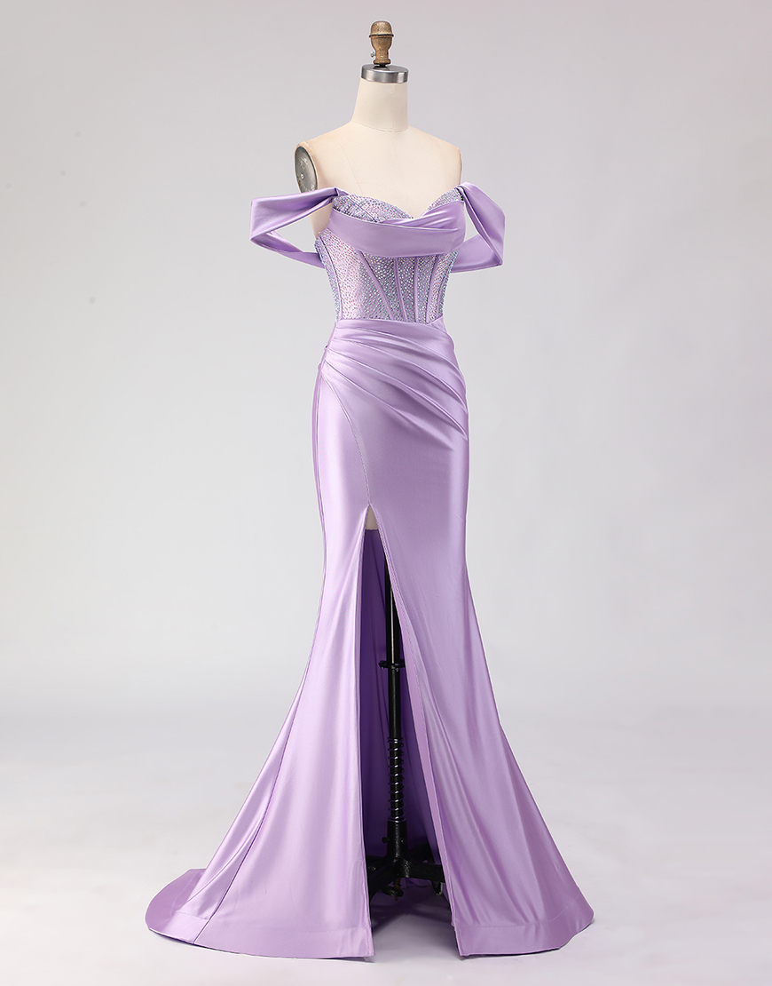 Sparkly Purple Beaded Corset Off the Shoulder Long Prom Dress with Slit