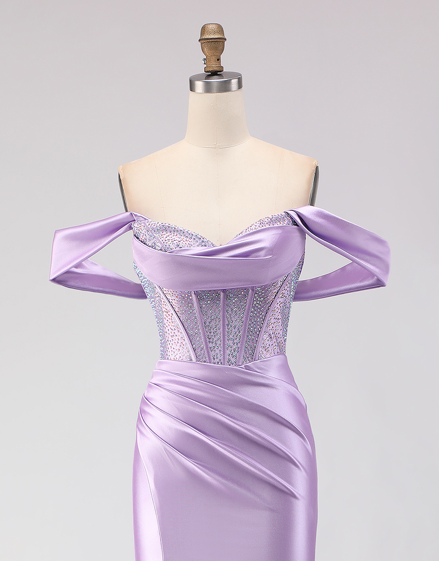 Sparkly Purple Beaded Corset Off the Shoulder Long Prom Dress with Slit