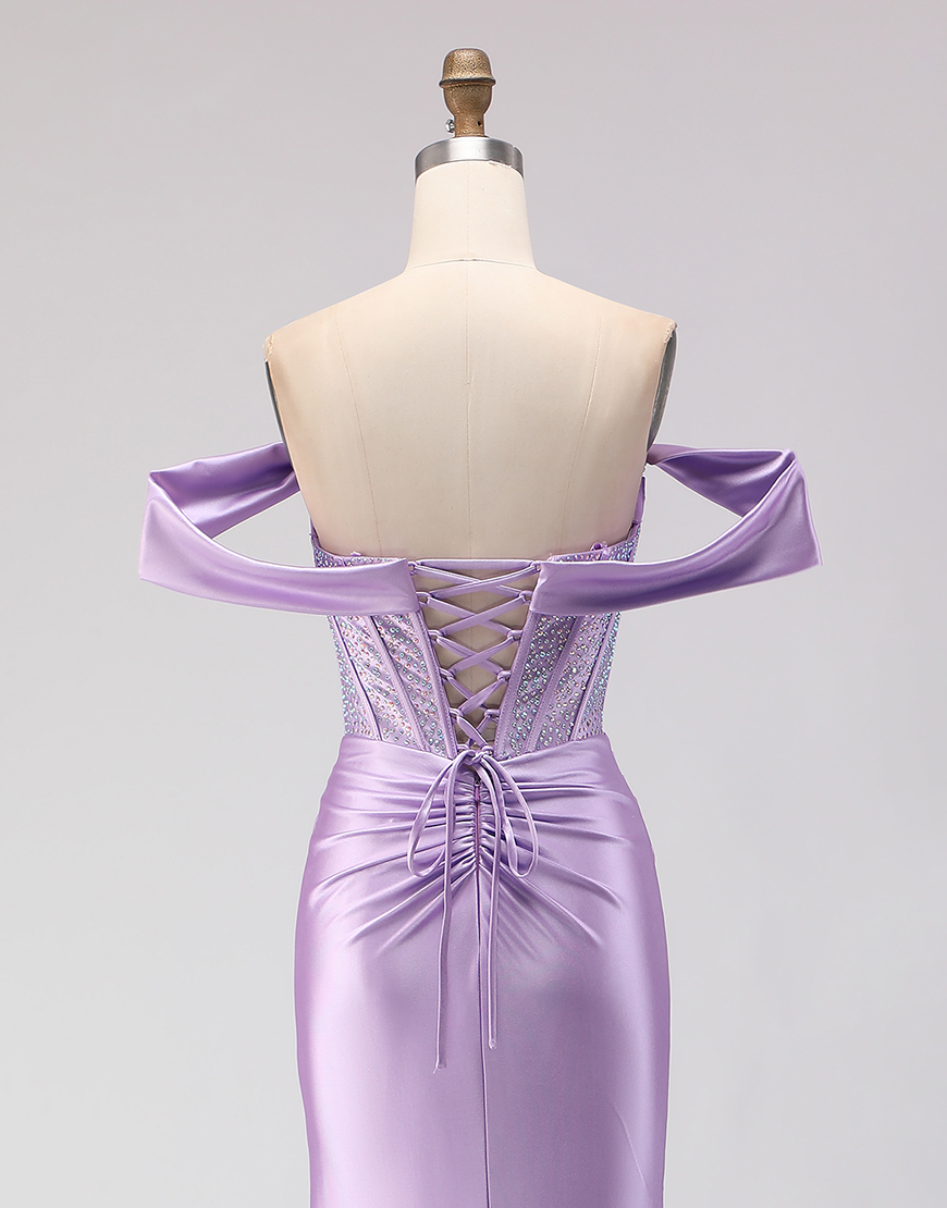 Sparkly Purple Beaded Corset Off the Shoulder Long Prom Dress with Slit