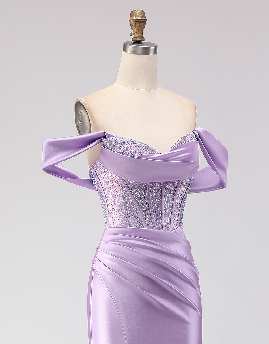 Sparkly Purple Beaded Corset Off the Shoulder Long Prom Dress with Slit