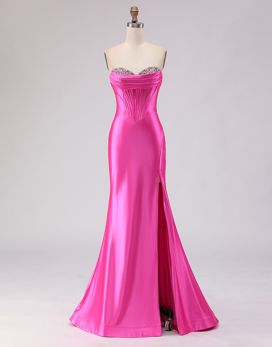 Sparkly Fuchsia Corset Beaded Sweetheart Long Prom Dress with Slit