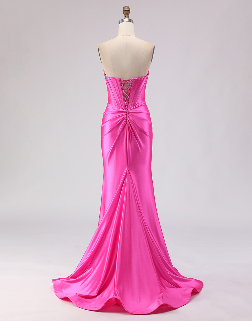 Sparkly Fuchsia Corset Beaded Sweetheart Long Prom Dress with Slit