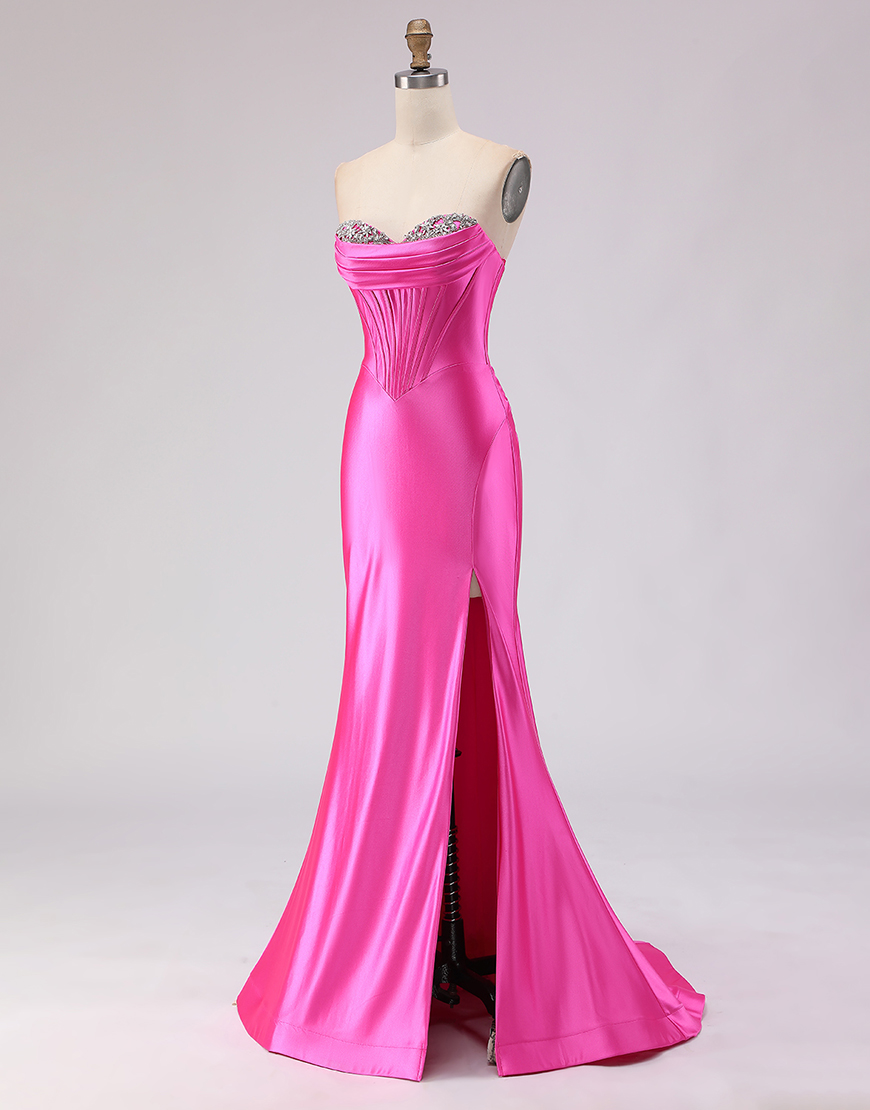 Sparkly Fuchsia Corset Beaded Sweetheart Long Prom Dress with Slit