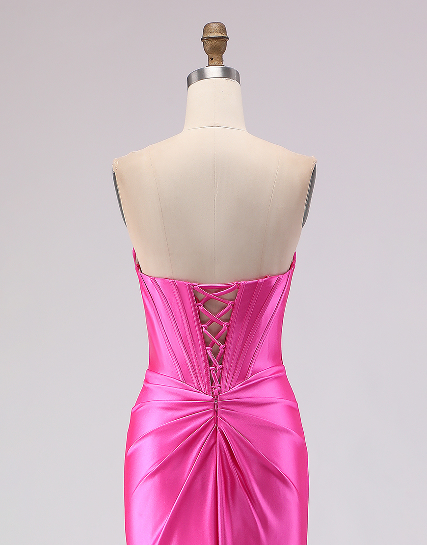Sparkly Fuchsia Corset Beaded Sweetheart Long Prom Dress with Slit