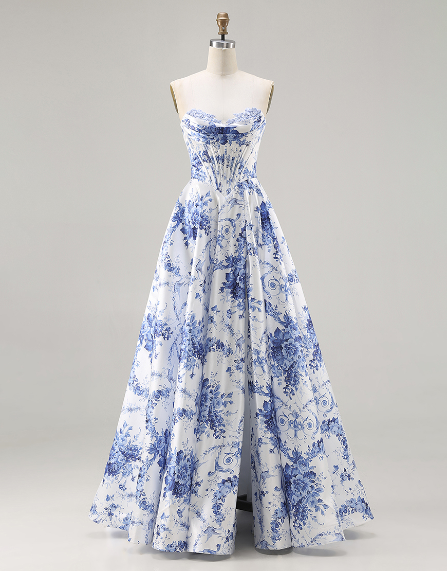 Berlinnova Women Blue Corset Strapless Floral Long Prom Dress with Slit A Line Lace Up Back Formal Dress