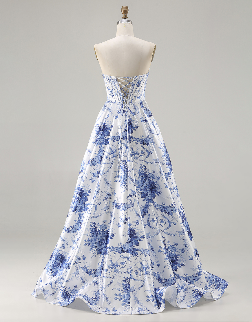 Blue Corset Strapless Floral A Line Long Prom Dress with Slit