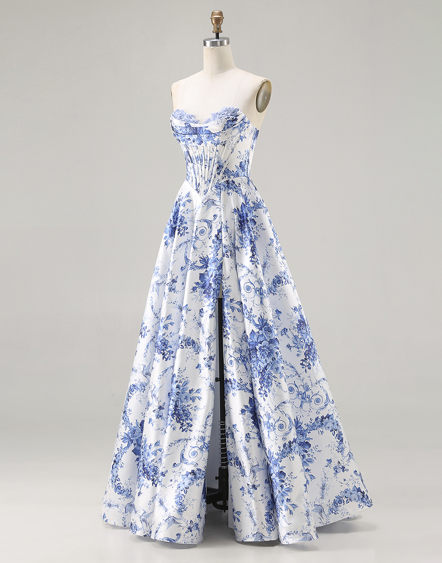 Blue Corset Strapless Floral A Line Long Prom Dress with Slit