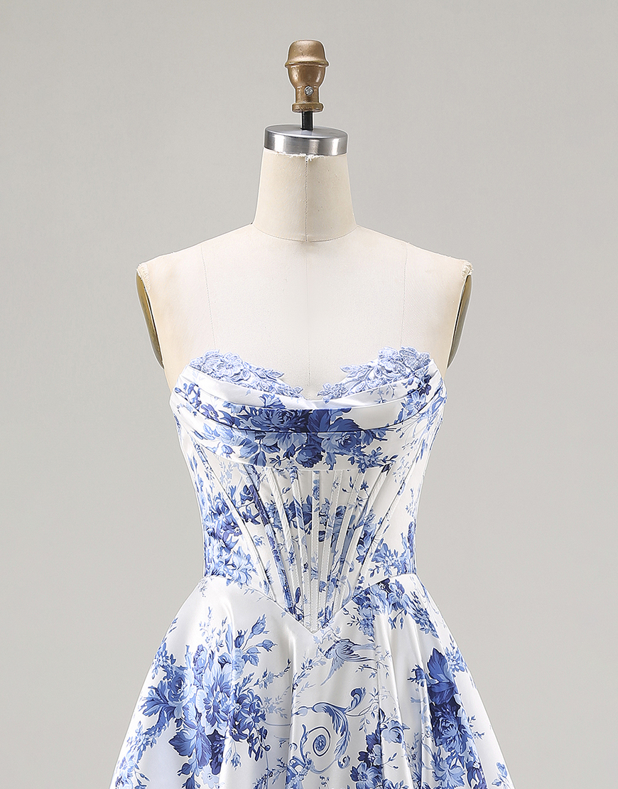 Blue Corset Strapless Floral A Line Long Prom Dress with Slit