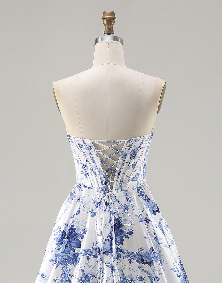 Blue Corset Strapless Floral A Line Long Prom Dress with Slit