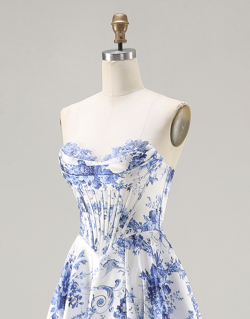 Blue Corset Strapless Floral A Line Long Prom Dress with Slit