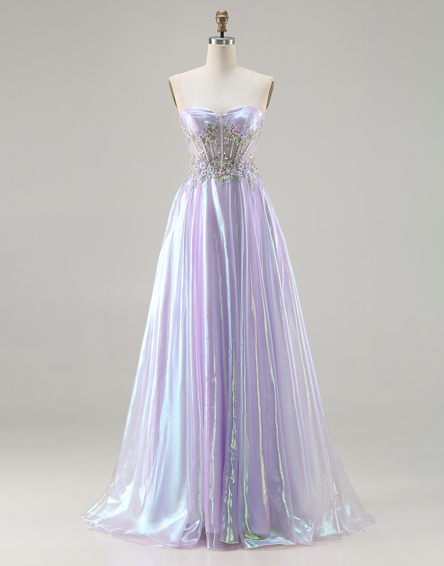 Sparkly Purple Corset Sweetheart Long A Line Prom Dress with Appliques