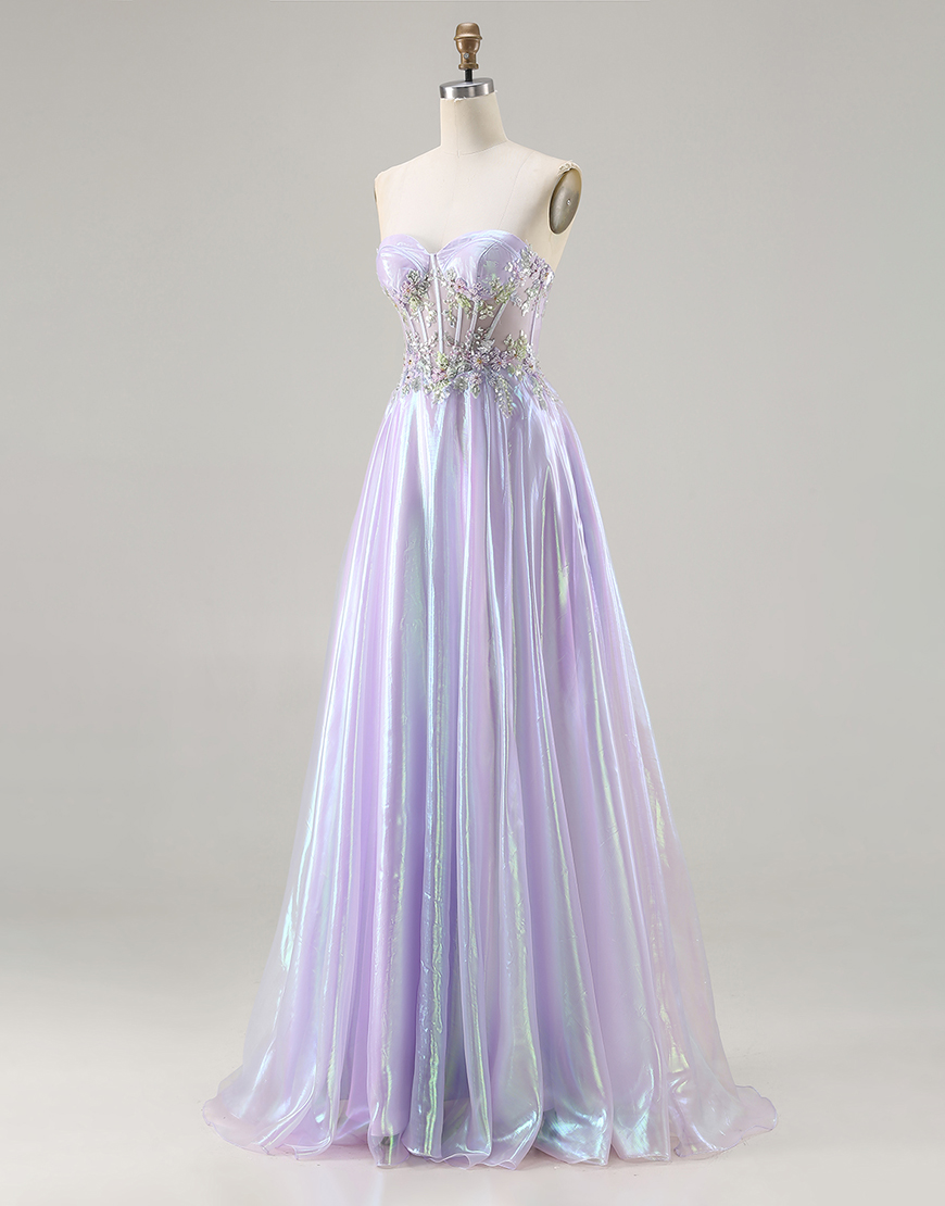 Sparkly Purple Corset Sweetheart Long A Line Prom Dress with Appliques