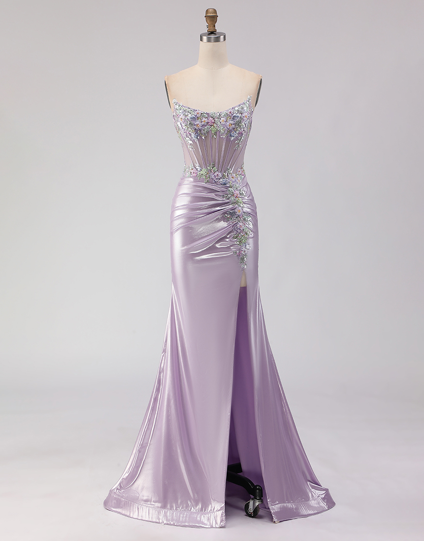 Sparkly Light Purple Corset Floral Long Mermaid Prom Dress with Beading