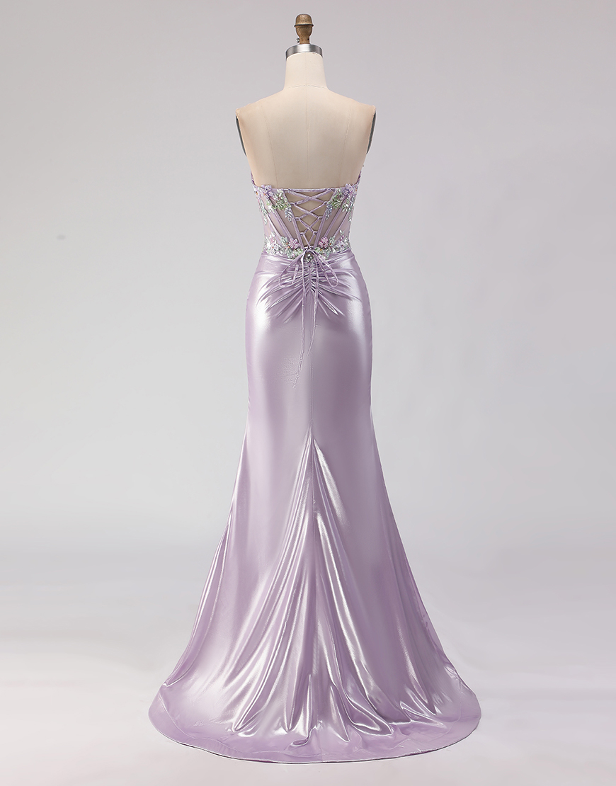 Sparkly Light Purple Corset Floral Long Mermaid Prom Dress with Beading