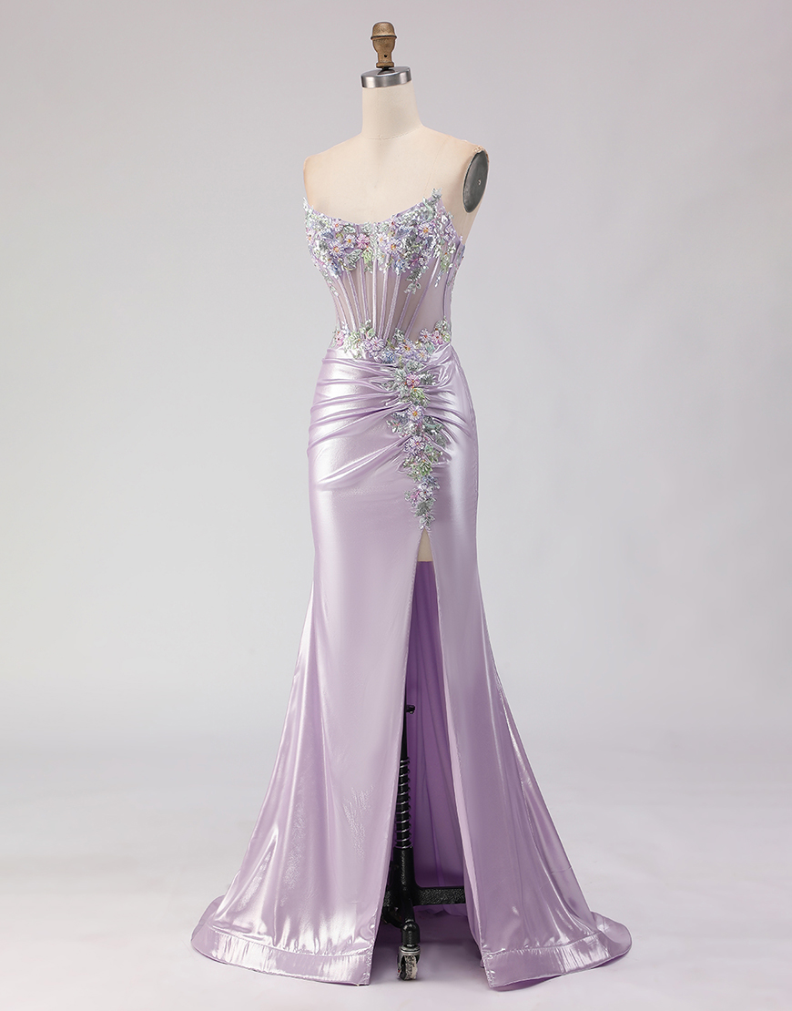 Sparkly Light Purple Corset Floral Long Mermaid Prom Dress with Beading