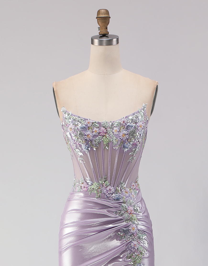 Sparkly Light Purple Corset Floral Long Mermaid Prom Dress with Beading