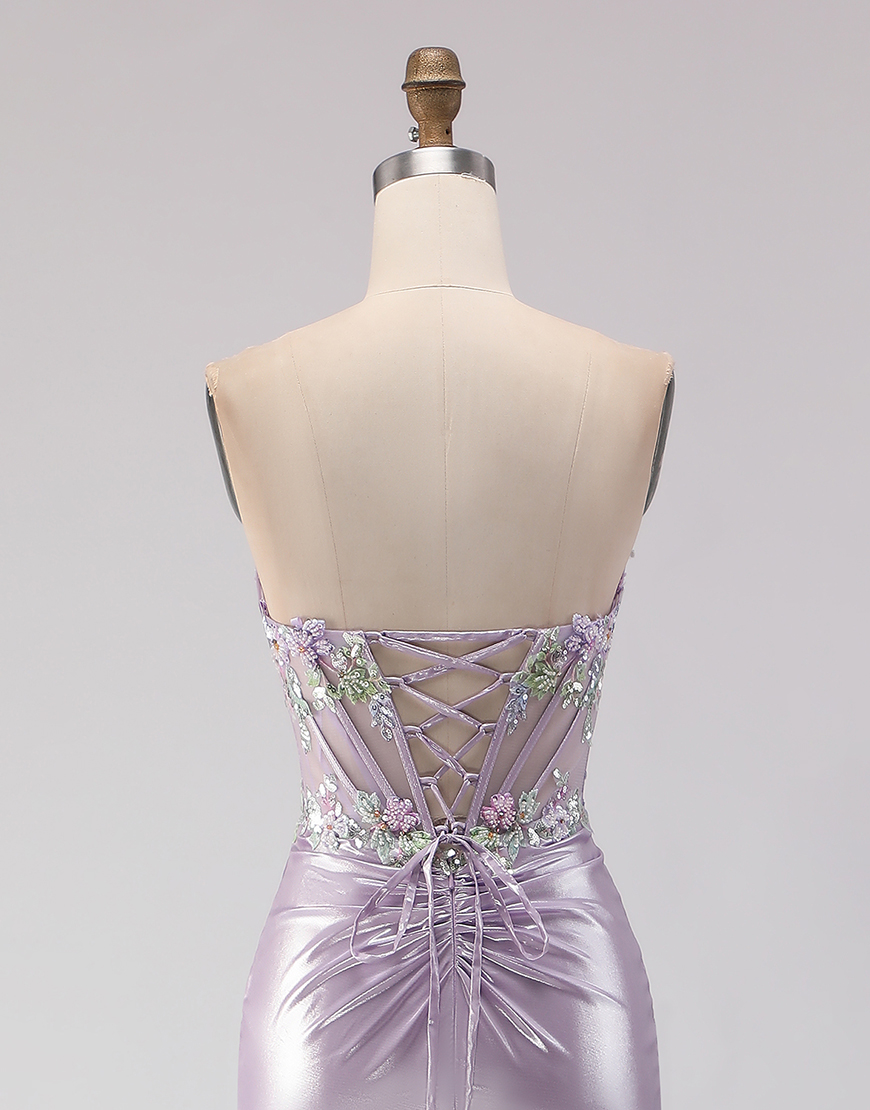Sparkly Light Purple Corset Floral Long Mermaid Prom Dress with Beading