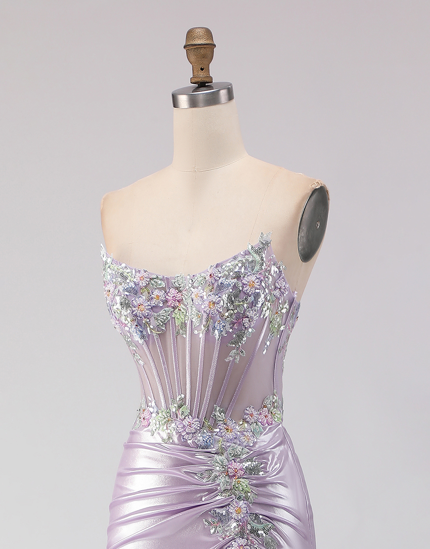 Sparkly Light Purple Corset Floral Long Mermaid Prom Dress with Beading