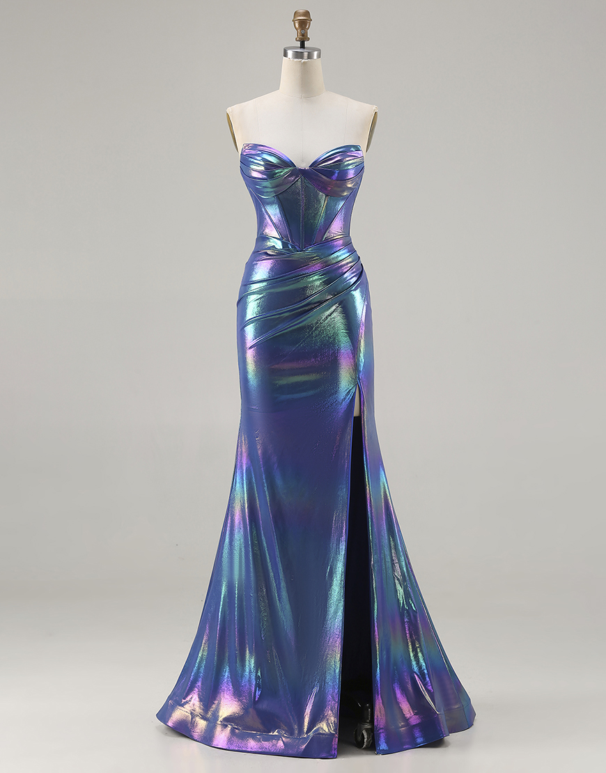 Sparkly Navy Corset Sweetheart Long Mermaid Prom Dress with Slit