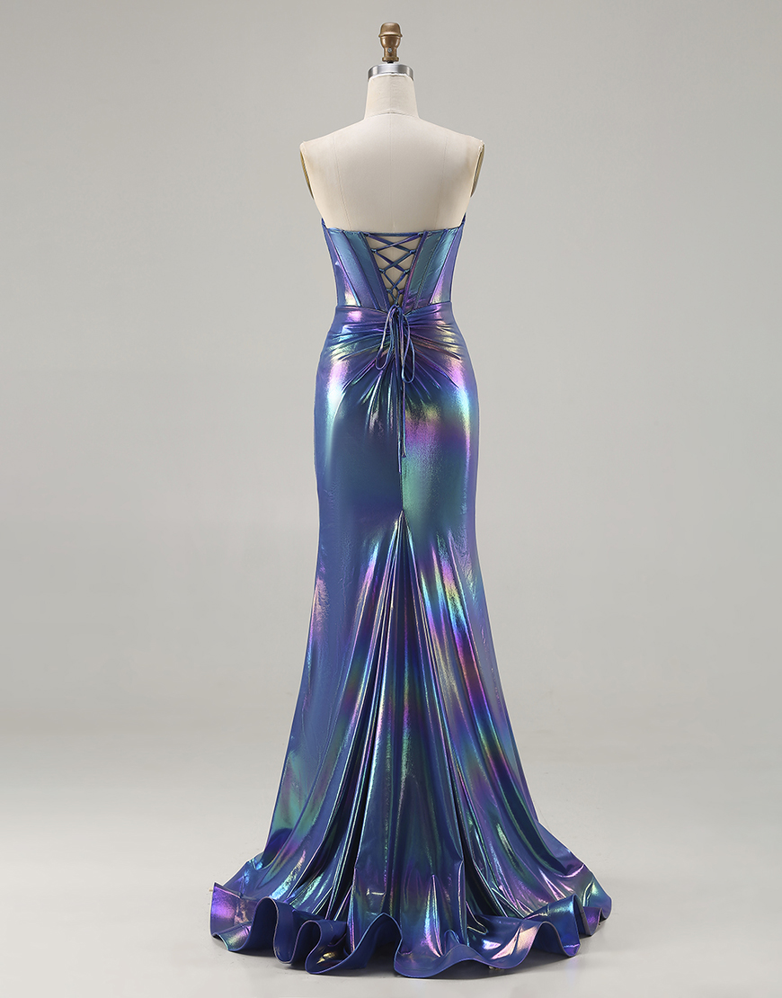 Sparkly Navy Corset Sweetheart Long Mermaid Prom Dress with Slit