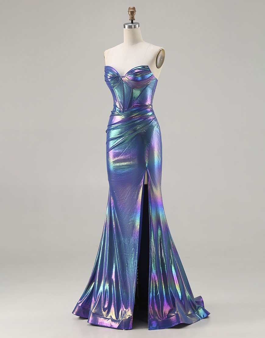 Sparkly Navy Corset Sweetheart Long Mermaid Prom Dress with Slit