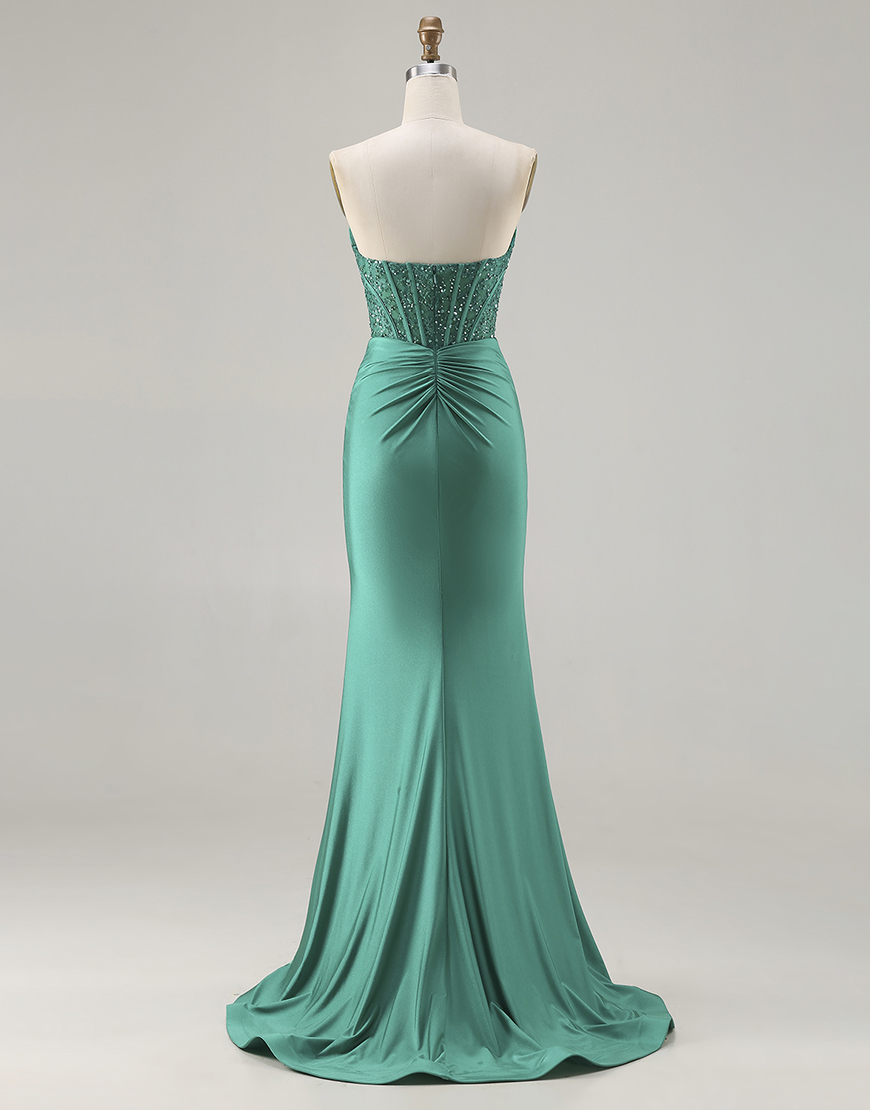 Sparkly Dark Green Corset Strapless Long Mermaid Prom Dress with Beading