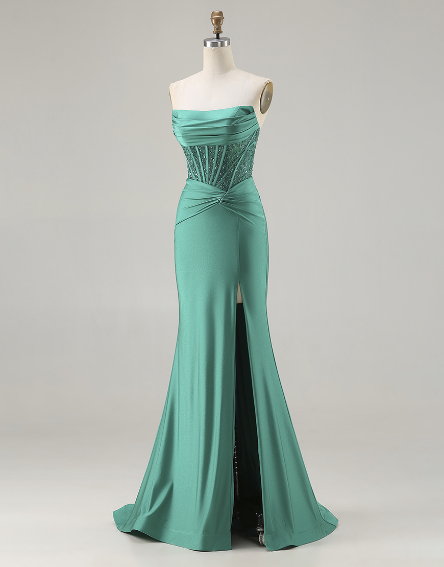 Sparkly Dark Green Corset Strapless Long Mermaid Prom Dress with Beading