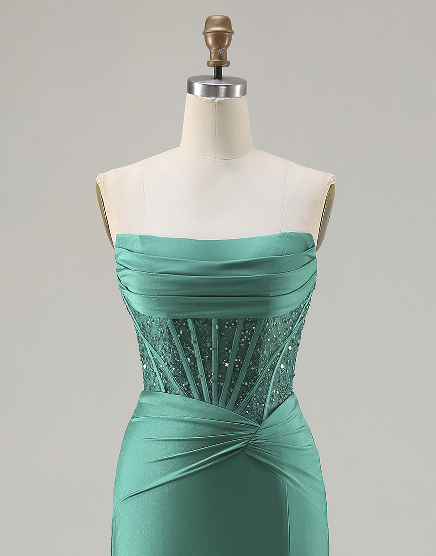 Sparkly Dark Green Corset Strapless Long Mermaid Prom Dress with Beading