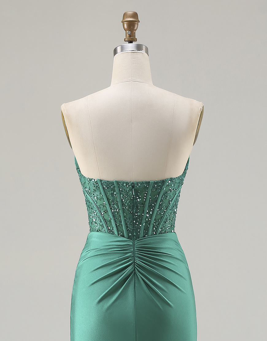 Sparkly Dark Green Corset Strapless Long Mermaid Prom Dress with Beading
