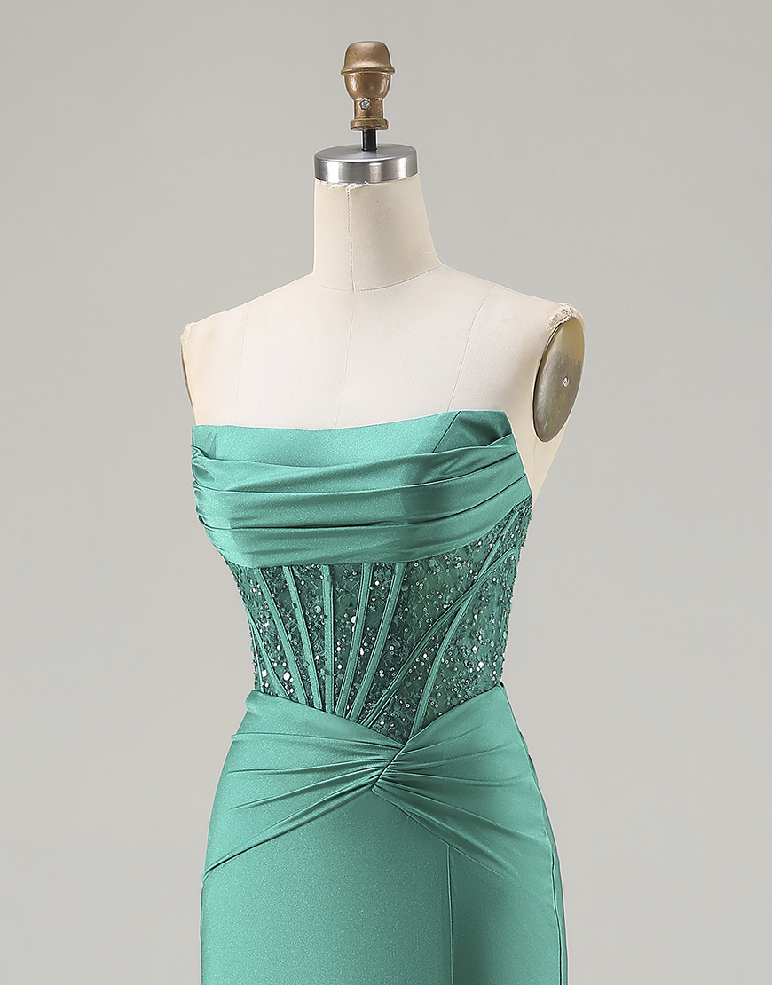 Sparkly Dark Green Corset Strapless Long Mermaid Prom Dress with Beading