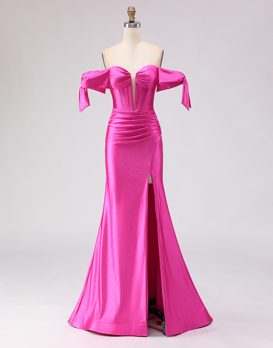 Sparkly Fuchsia Corset Beaded Mermaid Long Prom Dress with Slit
