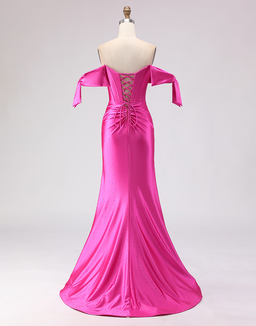 Sparkly Fuchsia Corset Beaded Mermaid Long Prom Dress with Slit