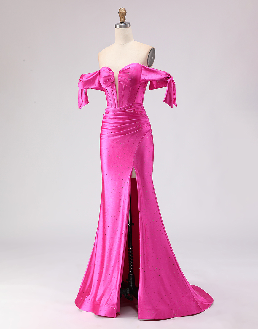 Sparkly Fuchsia Corset Beaded Mermaid Long Prom Dress with Slit
