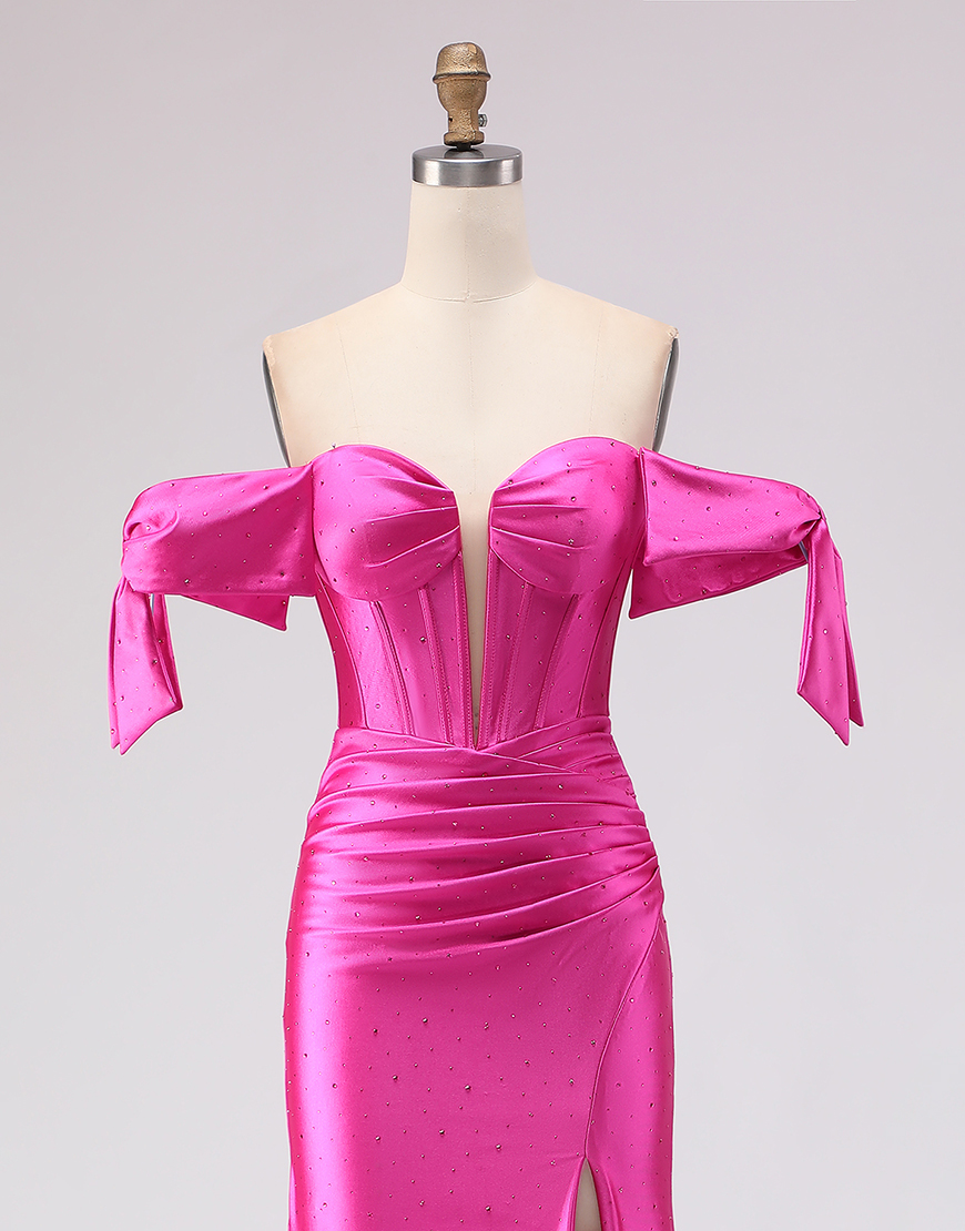 Sparkly Fuchsia Corset Beaded Mermaid Long Prom Dress with Slit