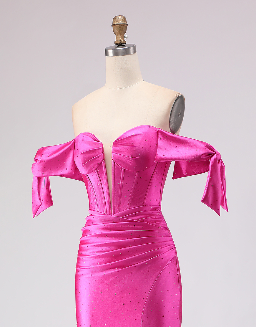 Sparkly Fuchsia Corset Beaded Mermaid Long Prom Dress with Slit