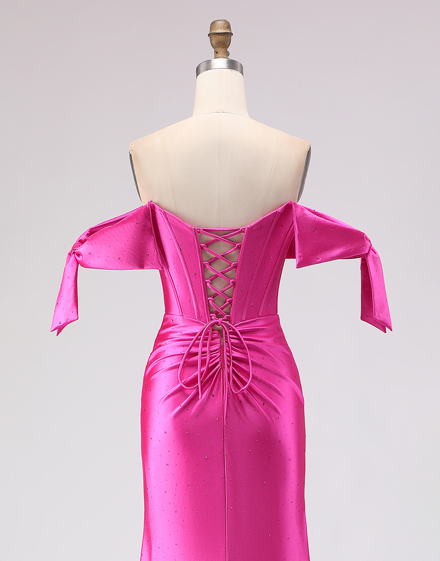 Sparkly Fuchsia Corset Beaded Mermaid Long Prom Dress with Slit