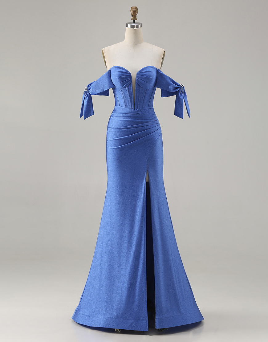 Sparkly Royal Blue Corset Beaded Long Mermaid Prom Dress with Slit