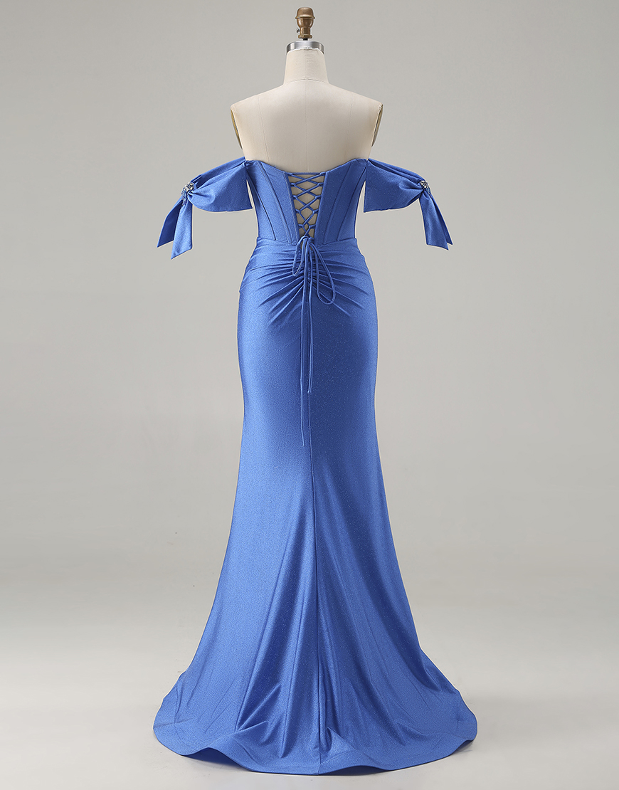 Sparkly Royal Blue Corset Beaded Long Mermaid Prom Dress with Slit